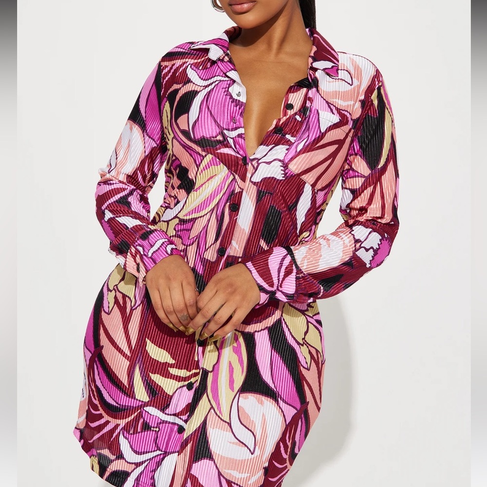 Fashion Nova Lisa Plisse Tropical Shirt Dress | Pink Abstract Print Mini | NWT